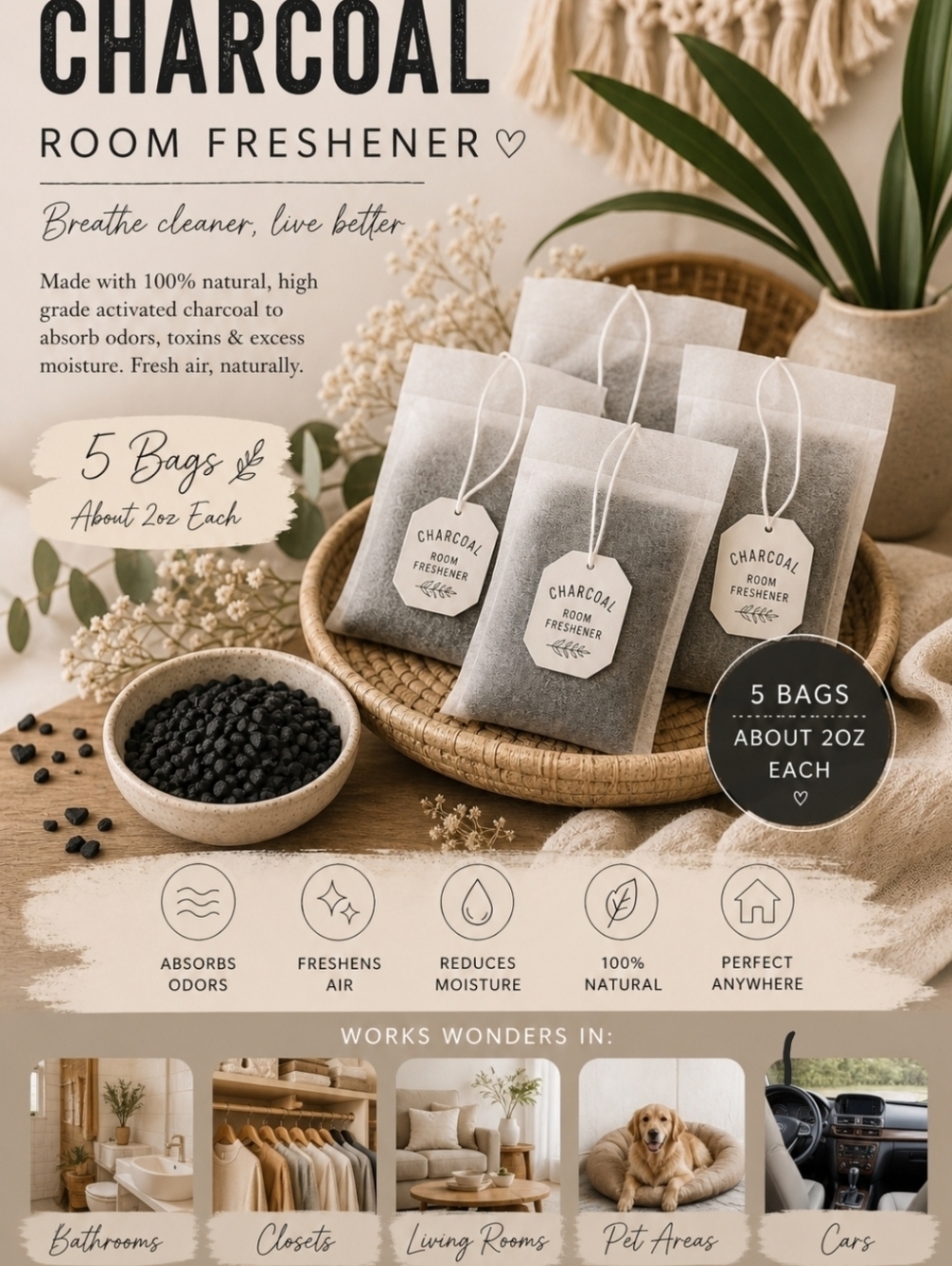 4/$15 Charcoal Air Purifier Bags Set Of 5 Essential Oil Diffuser Clean Air Feel